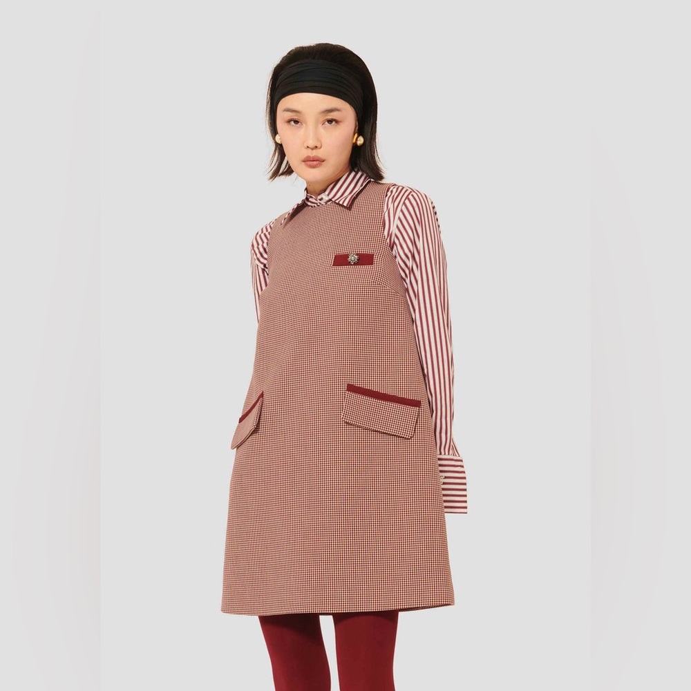 NWT Tara Jarmon Ravel Burgundy Houndstooth Shift Dress Size 2US/34EUR